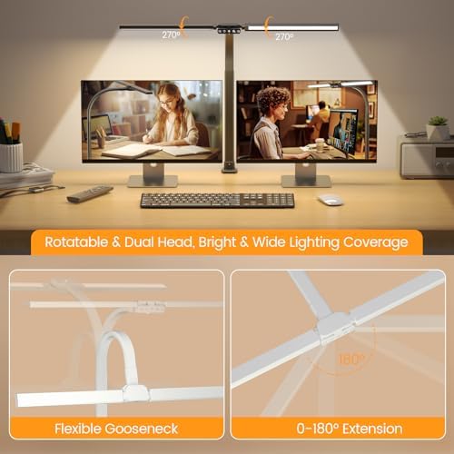 SIBRILLE Upgraded LED Desk Lamp for Home Office with RGB, Rotatable Computer Desk Light with Remote, Tall Table Lamp with Clamp for Working, Dimmable Dual Head Task Lighting for Monitor PC, 22W - Image 2