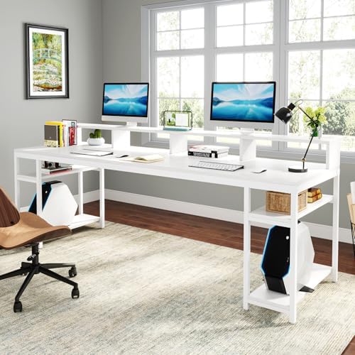 Tribesigns Two Person Desk with Monitor Stand, 78.74" Long Double Computer Office Desk with Storage Shelves, Large Gaming Desk Study Writing Table Workstation for Home Office (White) - Image 5