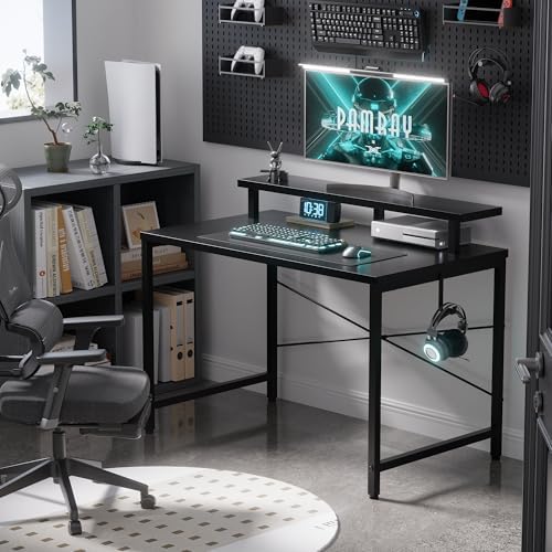 Pamray 32 Inch Small Computer Desk with Monitor Stand, Simple Office Desk with Headphone Hook for Small Spaces, Kids Study Writing Table for Bedroom, Black - Image 2