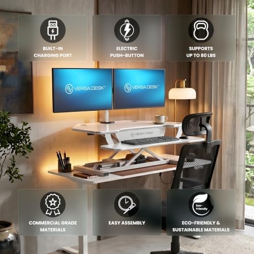 VERSADESK PowerPro 36 Inch Electric Corner Standing Desk Converter, Motorized Height Adjustable Sit-Stand Desk Riser, Dual Monitor & Laptop Workstation with Keyboard Tray, White - Image 4