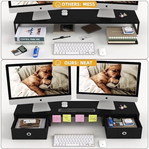 39 Inch Dual Monitor Stand Riser with 2 Drawers - Large Black Wooden Computer Stand for 2 Monitors, Ergonomic Desk Organizer with Phone Holder, Desktop Storage for Laptop, Office Supplies, Home Office - Image 3