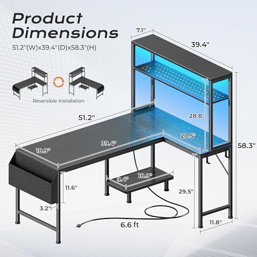 PRAISUN L Shaped Gaming Desk with LED Lights & Power Outlets - Image 2