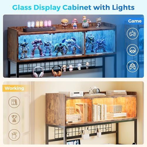 L Shaped Gaming Desk with Drawers, Corner Computer Desk with LED Tempered Glass Display Cabinet, Shaped L Office Desk with Charging Station and Fabric Drawer, PC Desk for Gaming and Office, Brown - Image 4