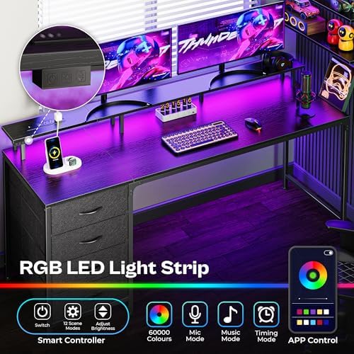 Huuger 63 Inch Computer Desk with Power Outlets and LED Lights, Gaming Desk with 4 Drawers, Office Desk with Monitor Stand, Study Desk Work Desk for Home Office, Black - Image 3