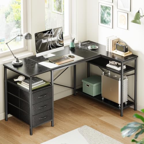 Huuger L Shaped Office Desk with Power Outlets & 3 Drawers - Image 2