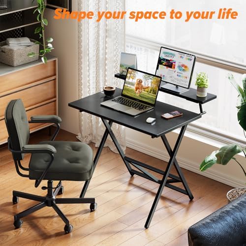 WOHOMO Folding Computer Desk with Monitor Stand, Adjustable Height, Black - Image 3