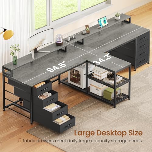 SEDETA 94.5" 2 Person Gaming Desk with 8 Drawers & Storage Shelves, Grey - Image 3