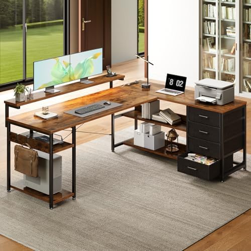 AODK 61 Inch L Shaped Computer Desk with 4 Drawers, LED Lights, Vintage - Image 2