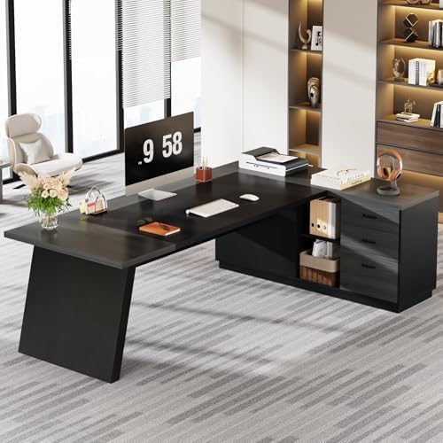 Tribesigns L-Shaped Executive Desk, 78-Inch Modern Office Desk with Drawers and Lateral File Cabinet, Large Bussiness Furniture with Storage Shelves, Workstation for Home Office (Grey + Black) - Image 4