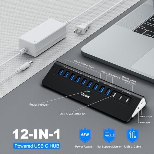 Powered USB Hub 10Gbps, intpw YH9AC 12-Port USB C Hub with 10Gbps USB C 3.2, 2 USB A 3.2, 7 USB 3.0, 2 PD 45W Charging Port, 65W Power Adapter + 3.3FT Cable, Aluminum USB Hub for Laptop/iPhone16/15/PC - Image 2