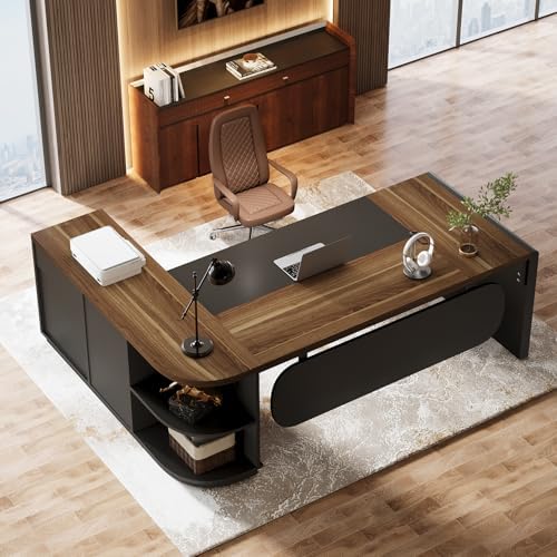 Tribesigns 80'' L-Shaped Desk, Large Executive Office Desk with 55'' Drawers Cabinet, Modern Commercial Office Table with Storage Shelves, Business Furniture for Home Office, Brown & Black - Image 4