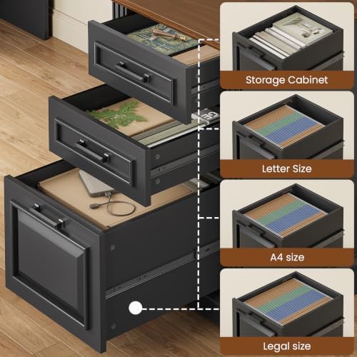 Itaar File Drawer and Power Outlet, Computer Corner Desk with Drawers and Storage Cabinet, Workstation for Office Home, Black Brown - Image 3