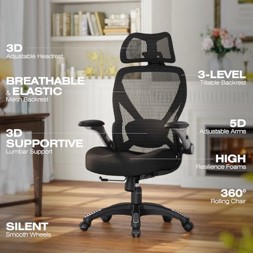 ELABEST X100 Ergonomic Mesh Office Chair, Big and Tall Home Desk Chair with 5D Flip-Up Arms, Adjustable 3D Lumbar Support, Gaming & Executive Computer Chair - Image 3