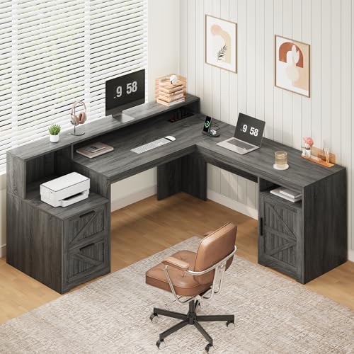 63" Farmhouse L Shaped Desk with Drawers & Printer Shelf for Home Office by YomiluveDesign