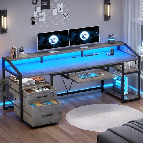 SEDETA 63" Computer Desk, Office Desk with Lockable Drawers for Legal/Letter File, Gaming Desk with LED Lights & Power Outlet, Home Office Desks with Storage, Grey by SEDETA