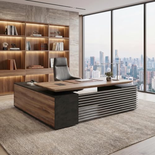SAINTCY L Shaped Executive Standing Desk with Drawers, 70.87In Large Modern Adjustable Heigh Office Desk w/File Cabinet, Built-in USB Outlet, 2.56" Thick Floating Desktop,for Home Office, Studio - Image 3