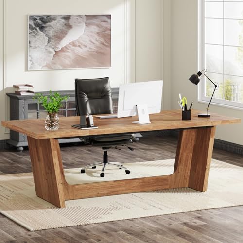 Tribesigns 70.87-Inch Executive Computer Desk: Large Home Office Desk with Solid Wooden Pedestal, Industrial Wood Study Writing Table, Workstation Business Furniture, Walnut by Tribesigns