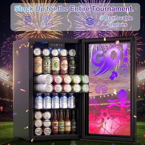 Small Beverage Refrigerator with LED Light Up Door – 128 Can Freestanding Drink Fridge, Mini Beer Cooler with 4 Removable Shelves, Child Safety Lock for Party Bar Gaming Room,World Cup Edition - Image 5