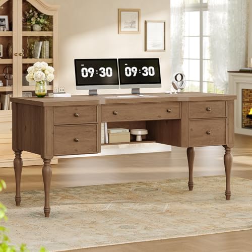59in Wood Executive Desk with Solid Wood Legs & Keyboard Tray, Brown by Unknown