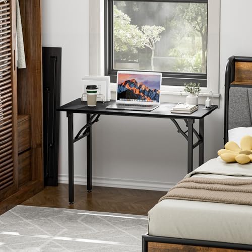 TEMI Small Computer Desk Folding Table - No Assembly, Compact 44.3" Foldable Desk with Power Outlets & USB Charging Port, Portable Small Office Desk, Ideal Mini Study Table, Dark Oak - Image 2