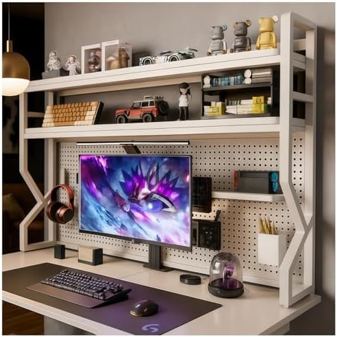 Desktop Hutch Bookshelf,Many Gifts,Metal Desktop Bookcase with pegboard, Desk Shelf, Countertop Storage Organizer Rack for Dorm or Office,Desktop Shelves (White, 45.3" Lx9.9 Wx39 H) by Unknown