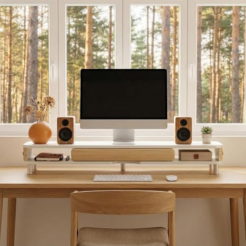 Fenge Dual Monitor Stand with Large Storage Drawer, 42.5" Desk Shelf, White - Image 2