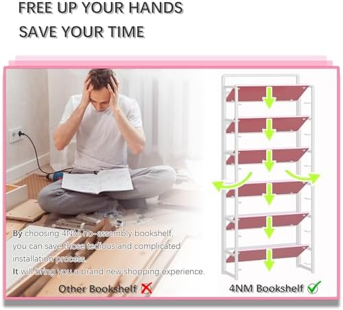 4NM No Assembly 6 Tier Folding Bookshelf Tall Storage Shelves Vintage Bookcase Standing Racks Study Organizer Home Office - Image 7