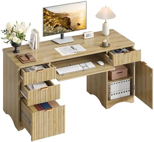 Bestier 63 Inch Home Office Desk with Drawers, Fluted Executive Desk with Ample File Drawer, Keyboard Tray & Storage Cabinet for Study, Living Room, Bedroom, Natural Oak by Bestier