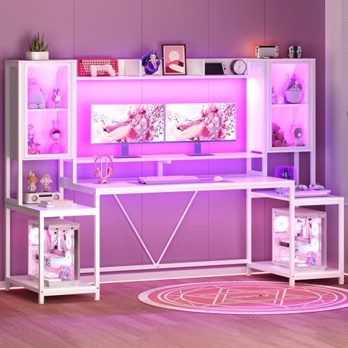 SEDETA Gaming Desk 75'' with LED Lights, Hutch and Storage Shelves, White by SEDETA