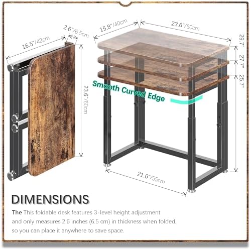 4NM No Tool Assembly 23.6" Small Desk, Folding Portable Desk with Wheels, Adjustable Height Foldable Computer Home Office Desks, Collapsible Study Writing Table for Space Saving Bedroom - Rustic Brown - Image 2