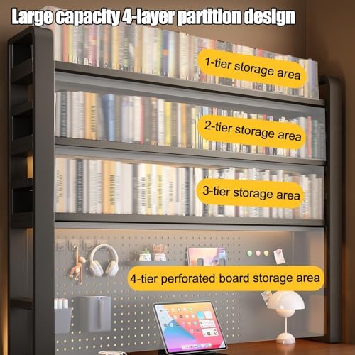 2/3/4 Tier Desktop Bookshelf with Pegboard and Storage Parts, Metal Desktop Organizer Hutch, Desk Shelves for Top of Desk, Shelf Organizer Display Rack for Dorm Home(Black+Brown,2-tier L37.4in) - Image 3