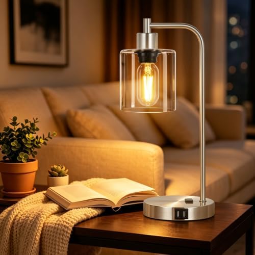 Industrial Touch Control Table Lamps Set of 2 - Brushed Nickel Nightstand Bedside Lamps with 2 USB Ports & AC Outlet, 3-Way Dimmable Desk Lamp for Bedroom Living Room, Glass Shade & LED Bulbs Included - Image 2