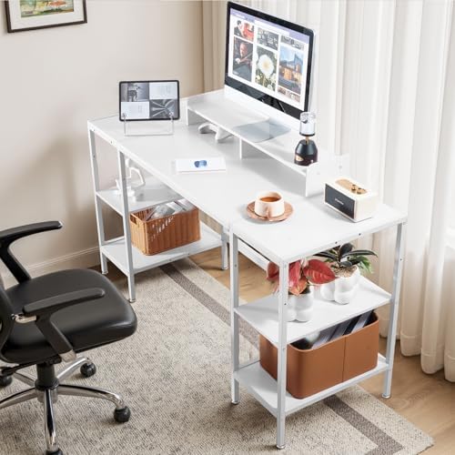 MINOSYS Computer Desk 55-inch with Storage Shelf - White Ideal Gaming Desk for Bedrooms, Small Spaces, and Home Offices Modern Writing Desk for PCs. - Image 4