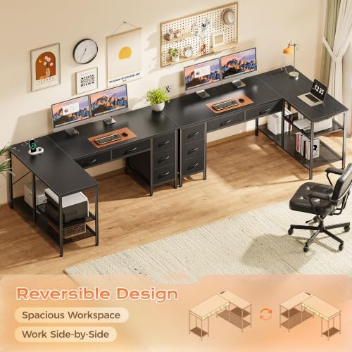 PRAISUN 55 Inch L Shaped Desk with Power Outlets, 5 Fabric Drawers - Image 6