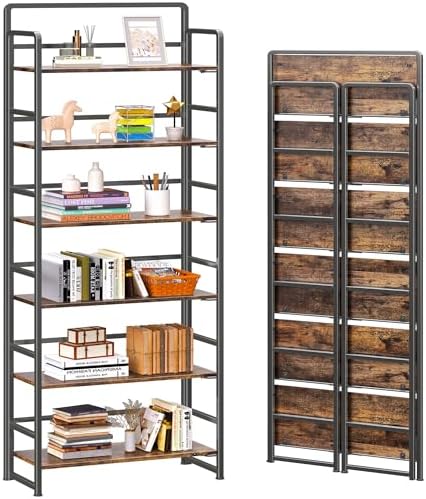 4NM No Assembly 6 Tier Folding Bookshelf Tall Storage Shelves Vintage Bookcase Standing Racks Study Organizer Home Office by 4NM