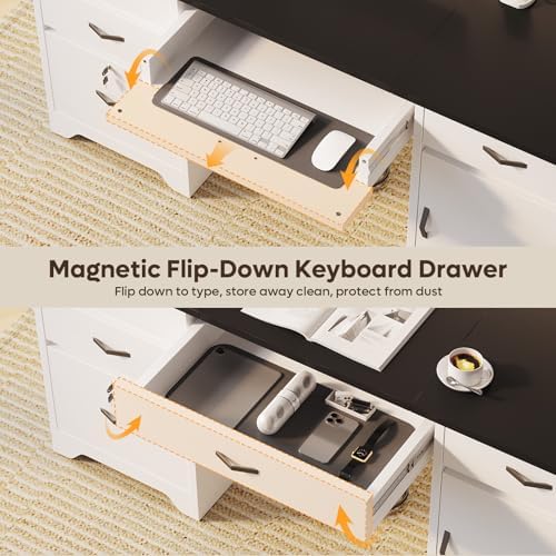 Bestier 59” Office Desk with Lockable Drawers, Modern Computer Desk with File Drawer, Charging Station & Drop-Front Keyboard Drawer, Executive Desk with Storage Cabinet for Home Office & Studio, White - Image 3