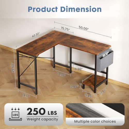 DUMOS L Shaped Computer Corner Desk with PC Stand, Brown - Image 2