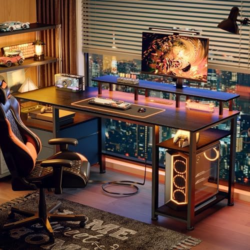 Furologee 61" Gaming Desk with Outlets & LED, Large Computer Desk, Black - Image 4