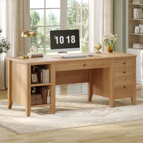 SEDETA 58'' Solid Pine Wood Computer Desk, Executive Home Office Desk with 4 Wood Drawers and Storage Shelves for Work Study Writing, Oak by SEDETA