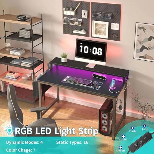 Lufeiya Small Desk with Power Outlets and LED Lights, 32 Inch Teen Writing Study Table Home Office Computer Desks with Monitor Stand, Gaming Desk with Charging Station, Black - Image 4