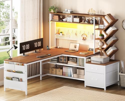 SEDETA L Shaped Office Desk with Drawers and Hutch, Convertible 97.6" Two Person Computer Desk, Corner Gaming Desk with Storage Shelves, LED Light and Power Outlet, White and Brown by SEDETA