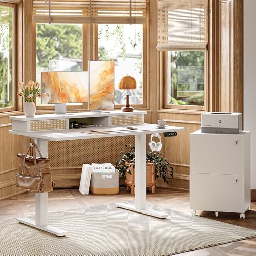TIQLAB Standing Desk with Two Drawers, Stand Up Standing Desk Adjustable Height, Electric Sit Stand Table with Storage Shelf and Splice Board, 55 * 24 inch, White Wicker - Image 2