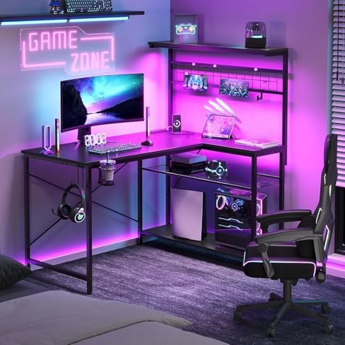 Bestier 42" L Gaming Desk with Power Outlets LED Lights, Carbon Fiber Black by Bestier