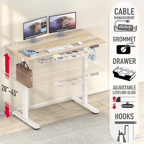 SHW 48-Inch Electric Height Adjustable Standing Desk w/Drawer, Maple - Image 3