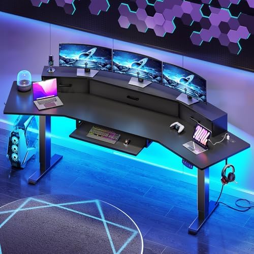 SEDETA 79'' Electric Standing Gaming Desk with Drawers and Led Lights, Height Adjustable Computer Desk with Power Outlet, Keyboard Tray for Home Office, Workstation, Stand up Gaming Table, Black by SEDETA