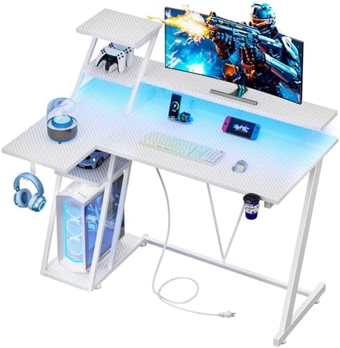 Korfile 40 Inch White Gaming Desk with LED Lights & Power Outlet, Small Gaming Computer Desk with Storage Shelves, L Shaped Gamer Workstations with Monitor Stand for Bedroom by Korfile