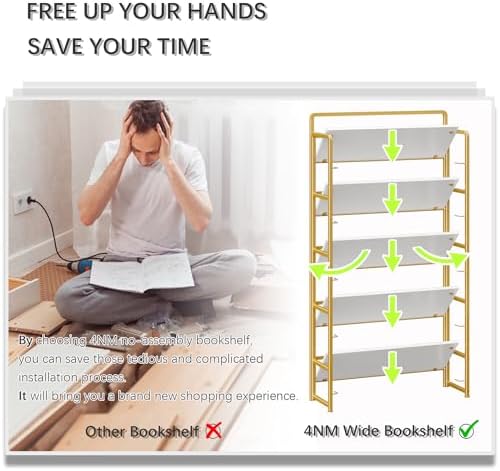 4NM No Assembly Extra Wide 5 Tier Folding Bookshelf Tall Storage Shelves Vintage Bookcase Standing Racks Study Organizer Home Office - Image 6