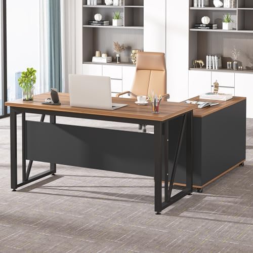 Tribesigns 55-Inch Executive Computer Desk with 43-Inch Lateral File Cabinet, Large Workstation Business Furniture, L Shaped Desk with Drawers and Storage Shelves for Home Office, Walnut - Image 5