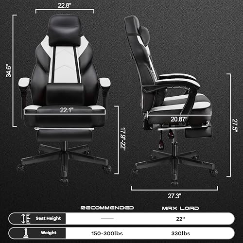 Big and Tall Gaming Chair for Adults, Heavy Duty Computer Chair with Footrest, Video Game Chair, Massage Lumbar Support, Wide Seat High Back Reclining Desk Chair, White - Image 3