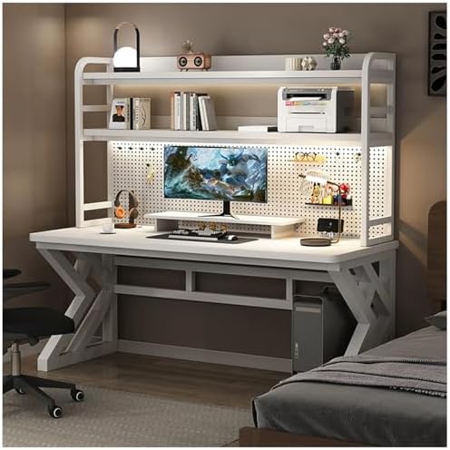 55.1in White Computer Desk with Pegboard, Gaming Desk with Storage Shelves by Unknown